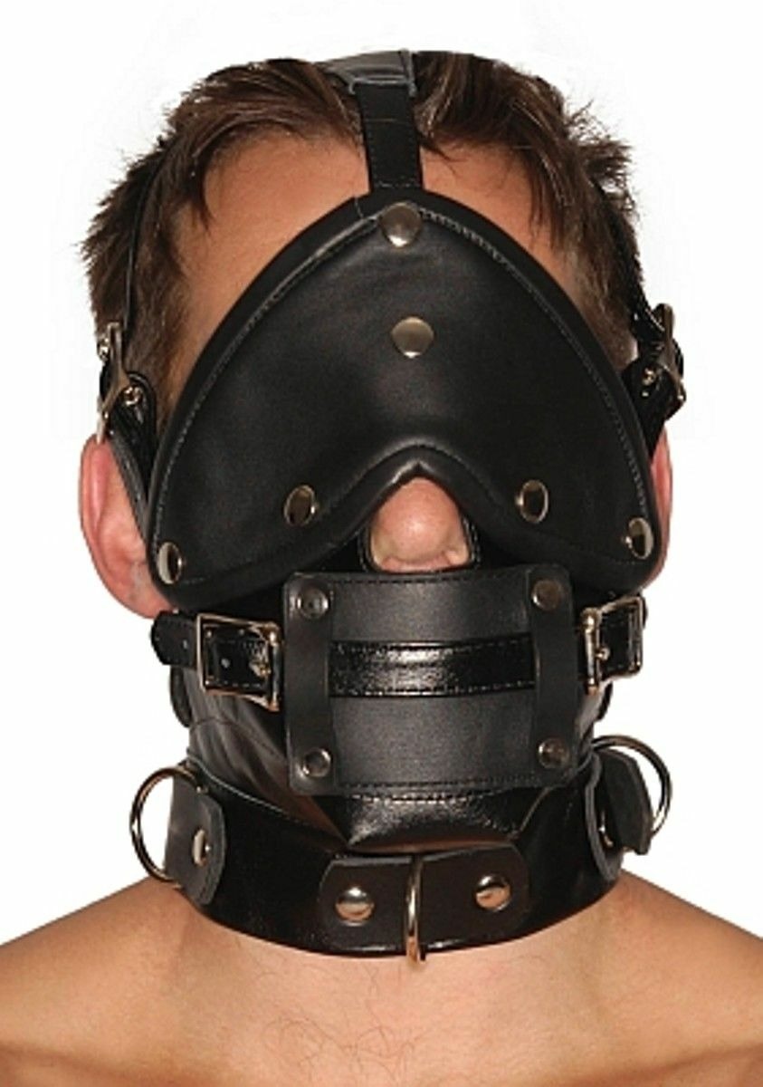 100% GENUINE LEATHER FACE MUZZLE MASK HOOD with MOUTH GAG BONDAGE