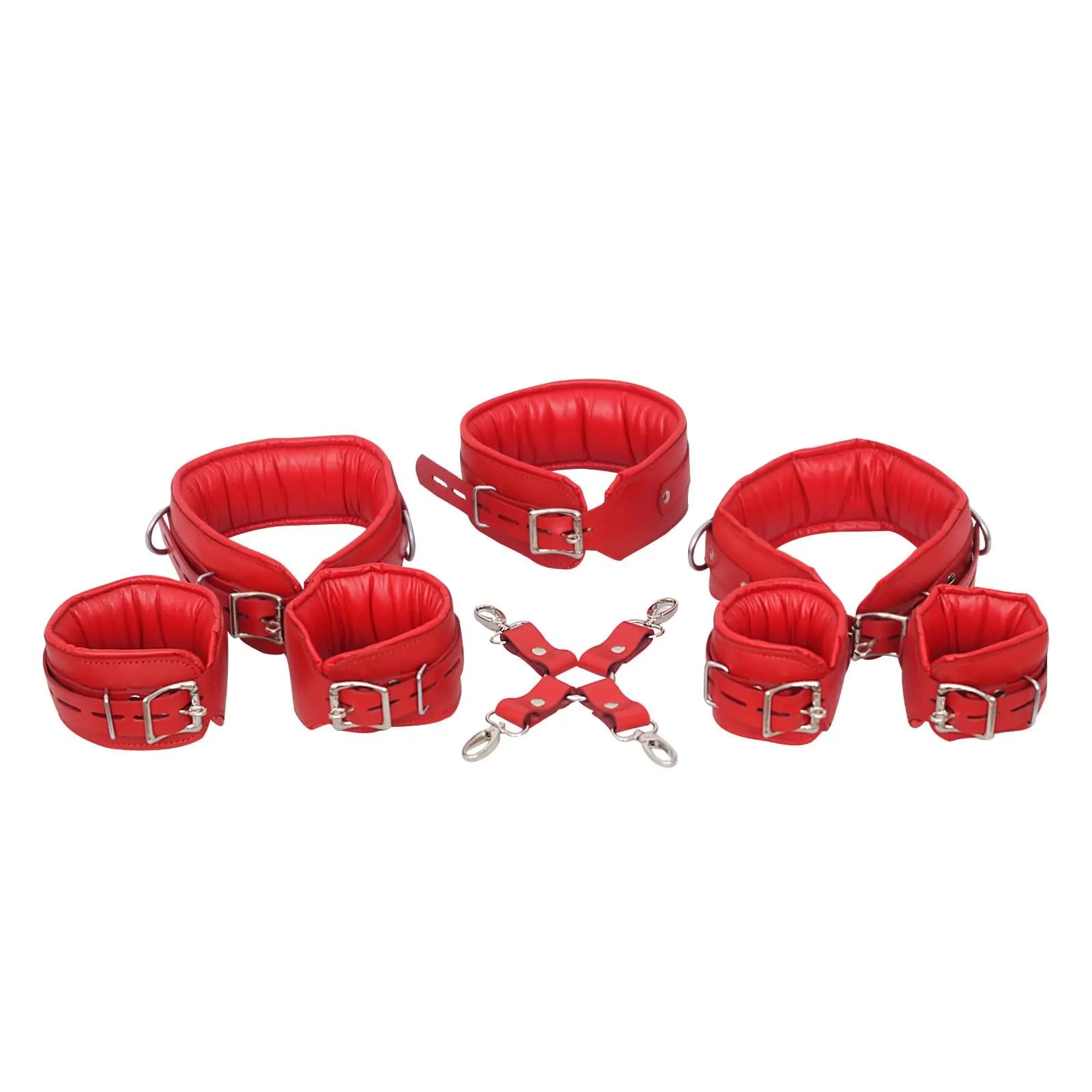 Leather BDSM Restraint Set, Padded Collar Cuffs, Wrist & Ankle Bondage Kit, Adjustable Fetish Restraints Mature Gift