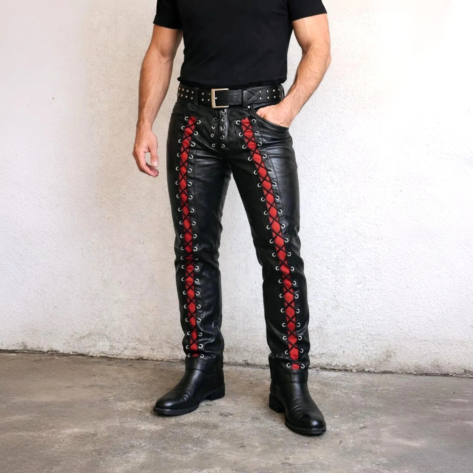Real Leather Lace-up Gay Uniform Pants  — photo 1