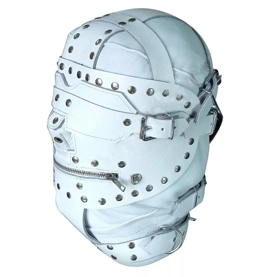 White Leather BDSM Hood, Adjustable — photo 1
