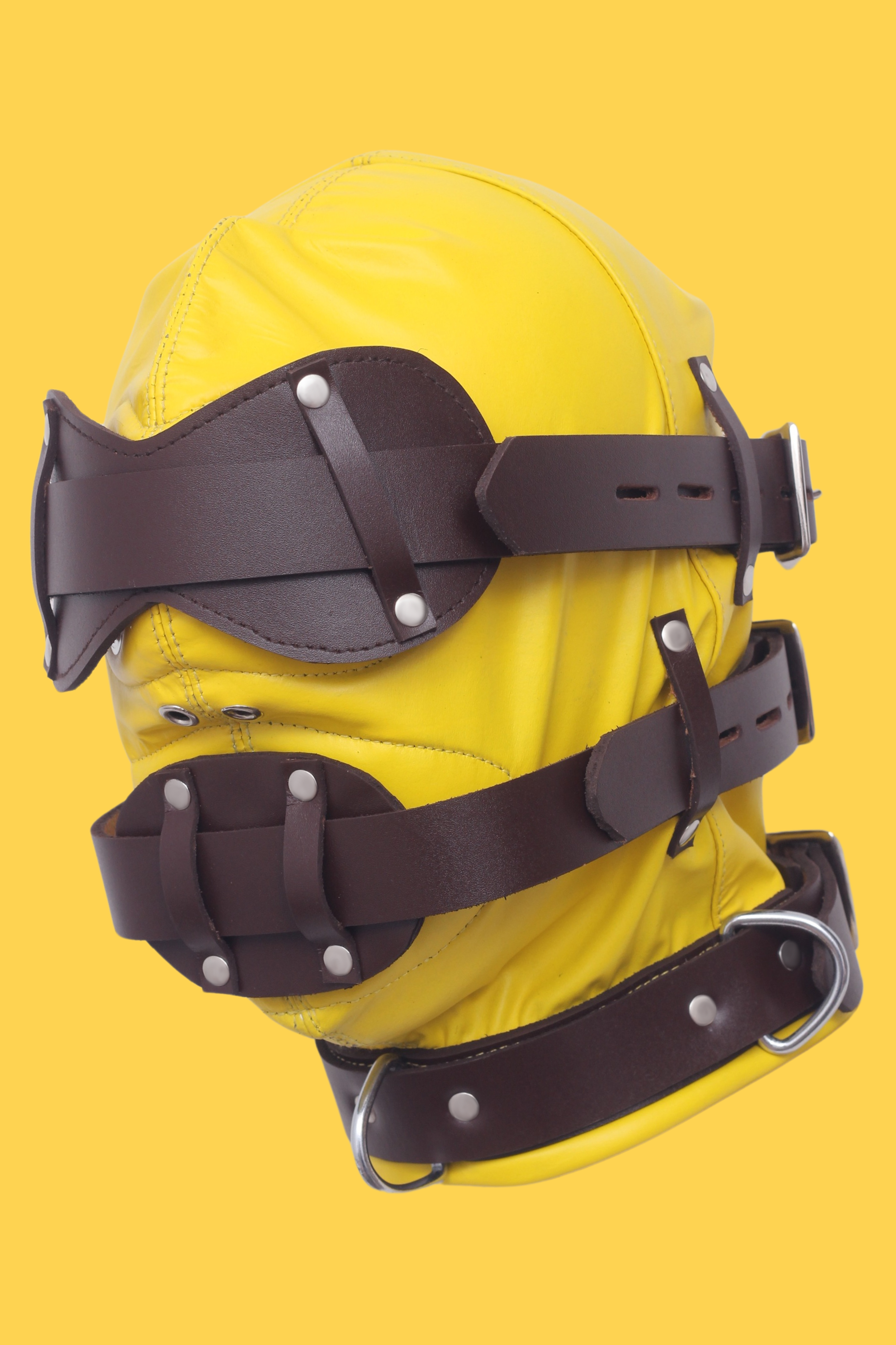 Genuine yellow leather bondage fetish hood — photo 1