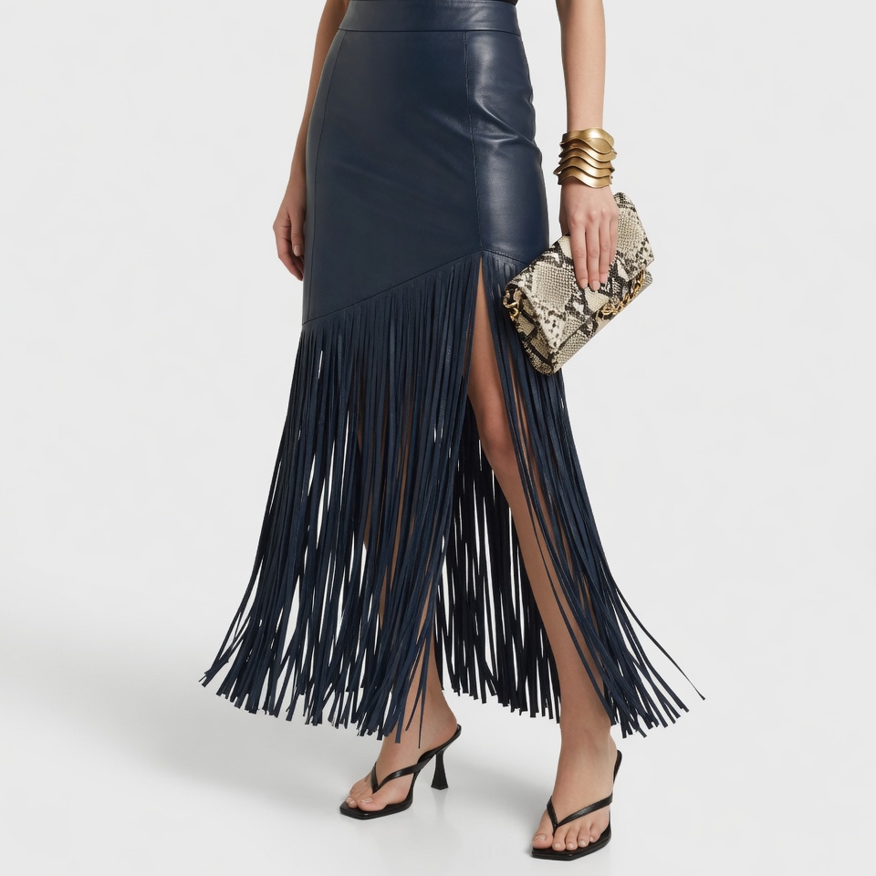 Women’s Navy Blue Leather Fringe Midi Skirt with High Slit | Long Fringed Hem Leather Skirt