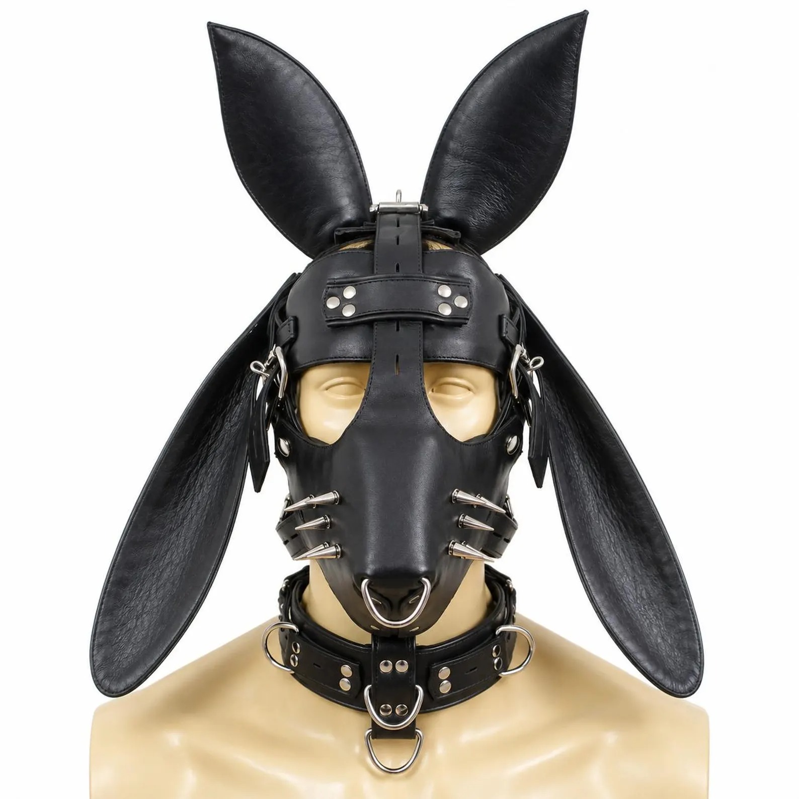 Leather Donkey Puppy Hood Mask – Long Ears, Muzzle & Adjustable Pet Play Harness