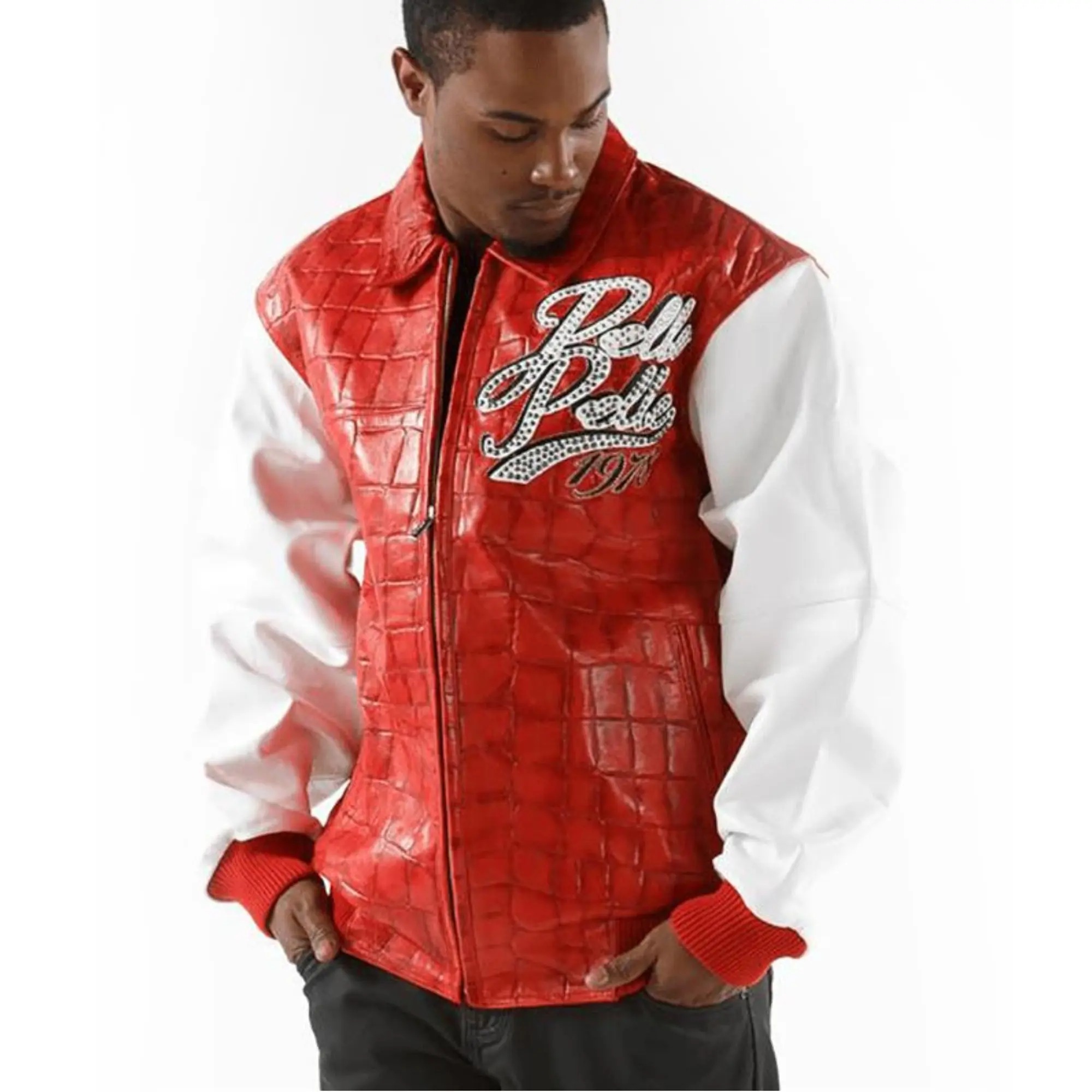 Men’s Premium Cowhide Leather Jacket | Red Croc Pattern Front with White Sleeves — photo 1