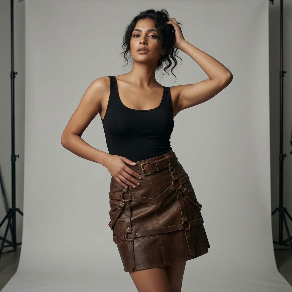 Genuine Lambskin Distressed Leather Harness Skirt